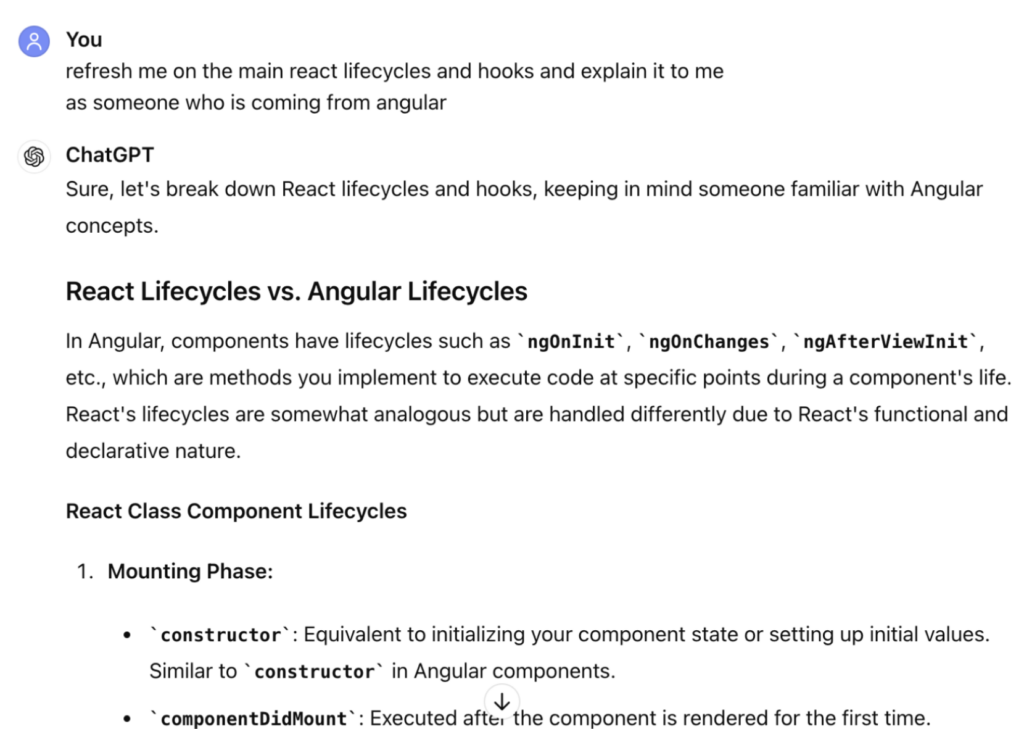 developer asking chatgpt to refresh them on the main react liecycles and hooks and to explain it as someone who is coming from angular