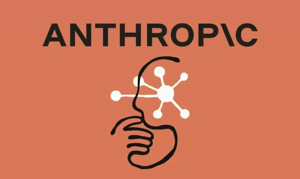 Anthropic logo on an orange background with an icon of a molecule inside of a an outline of a head.